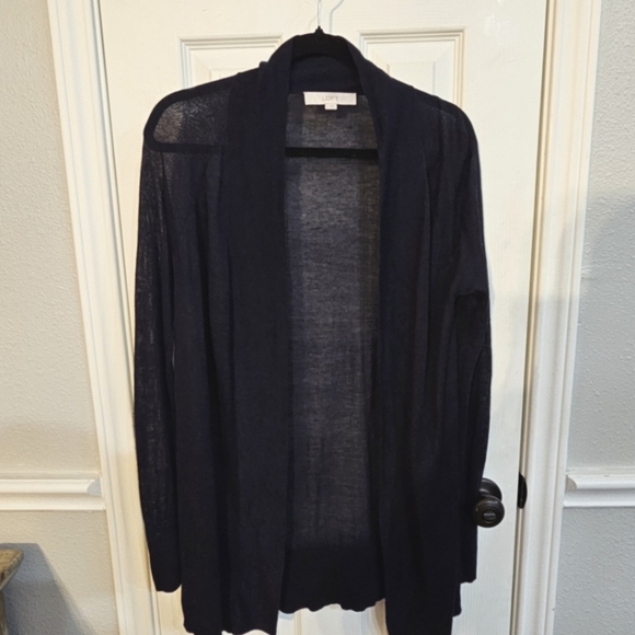 LOFT Dark Navy Open Long Ramie Blend Cardigan Women's M - Picture 1 of 3
